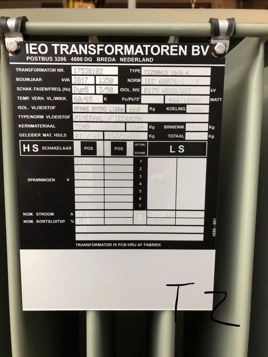 1250 kVA 10 kV / 420 Volt IEO transformator 2017